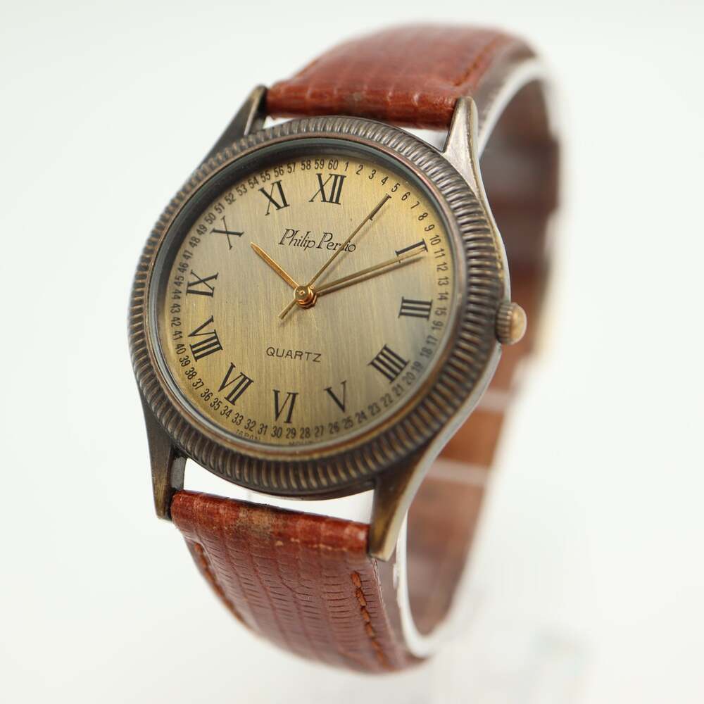 Philip Persio Bronze Tone Unisex 34mm Watch Brown Leather w New Battery